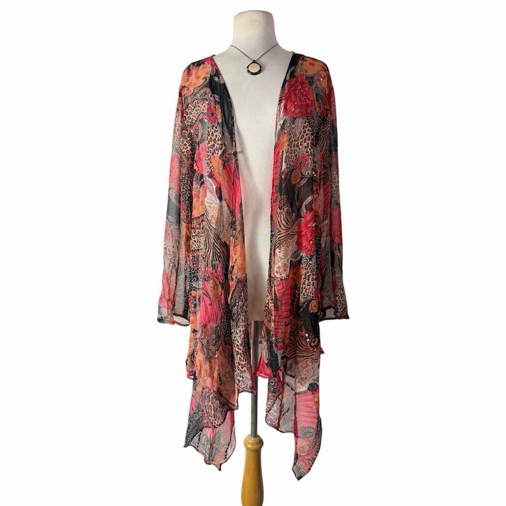 VTG Sheer Boho Patchwork Sequin Kimono Duster Festival Cardigan 2X Paisley
